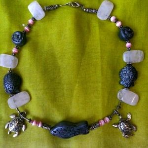 Beach Tropical Ocean Statement Necklace Sea Turtle Rose Quartz